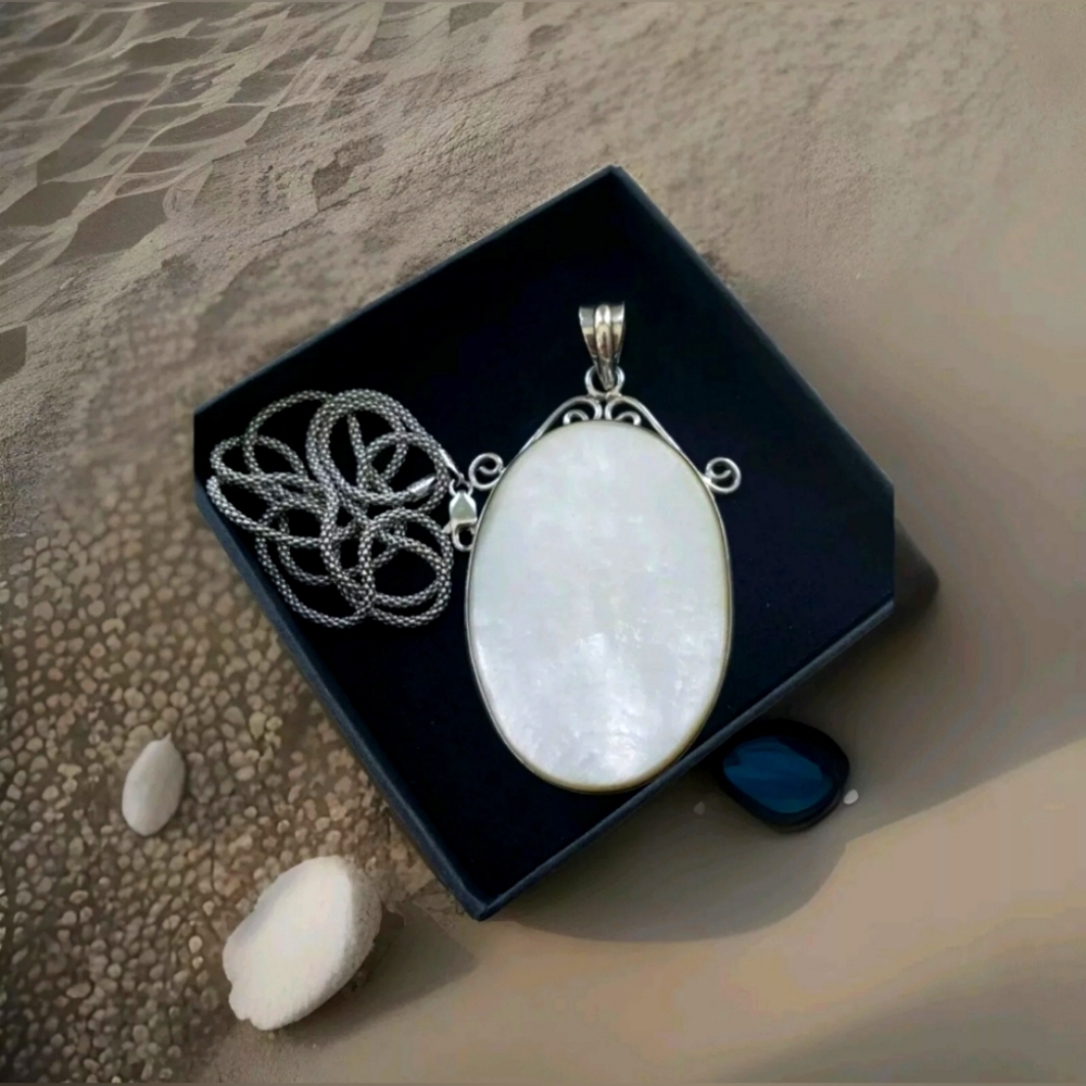 Genuine Abalone Shell Necklace Set Within  Sterling Silver, Italian 925 Chain